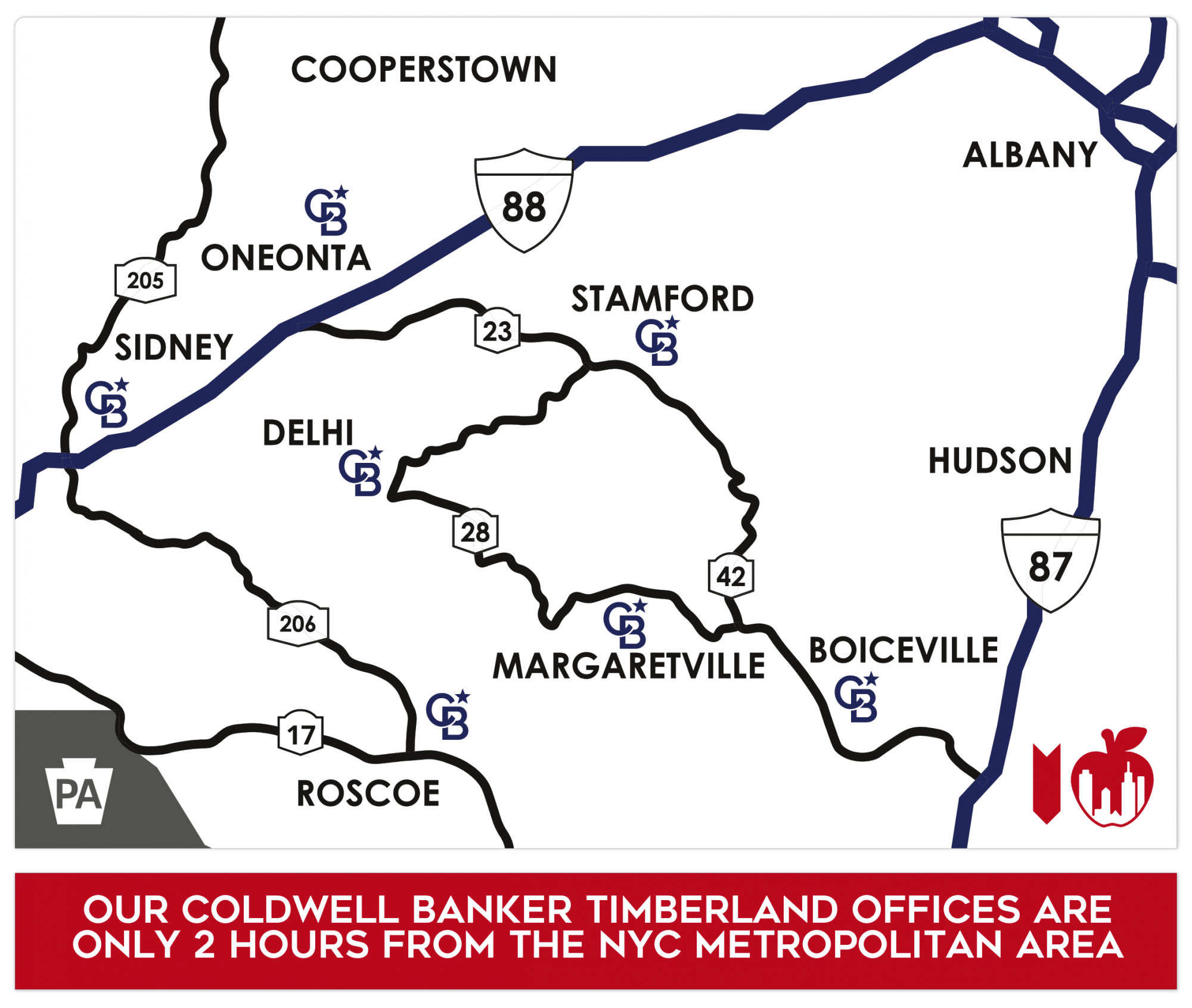 OUR COLDWELL BANKER TIMBERLAND OFFICES ARE ONLY 2 HOURS FROM THE NYC METROPOLITAN AREA